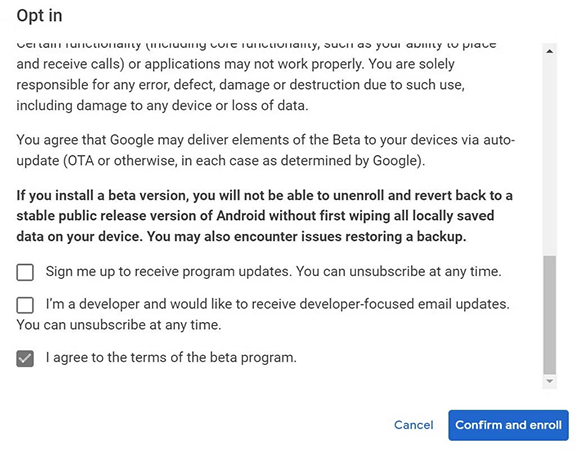 Android 13ベータプログラム契約を確認および登録します