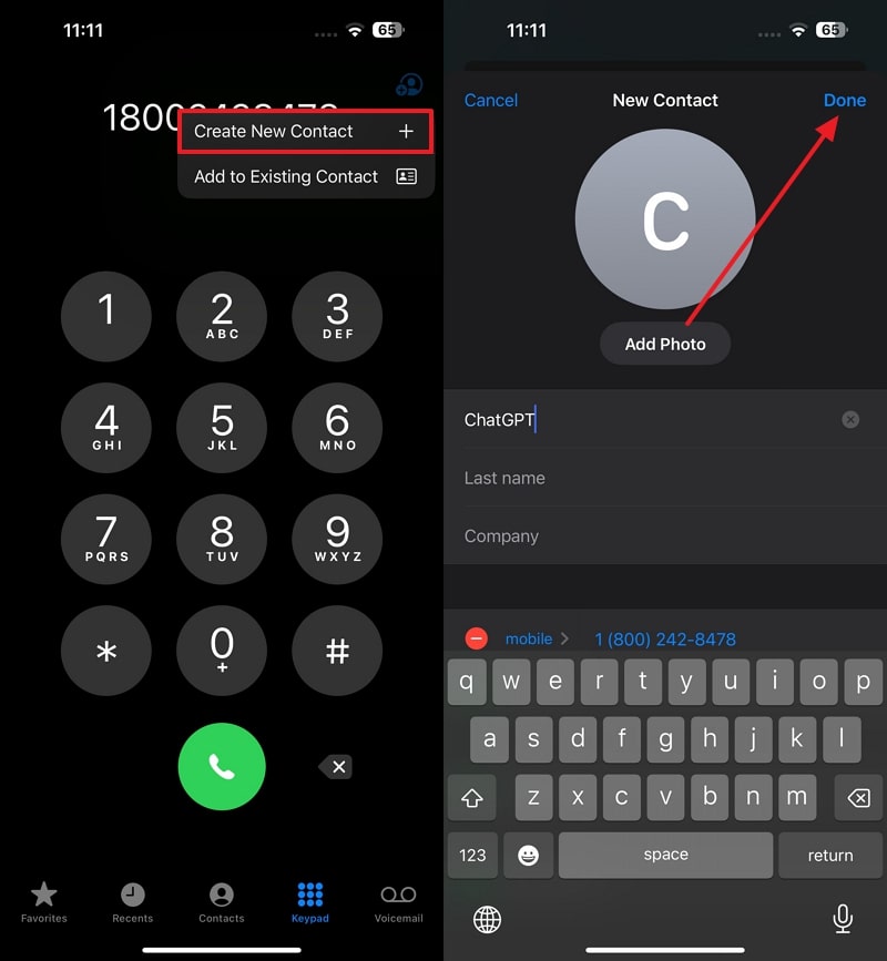 新しい連絡先としてChatGPTを追加します