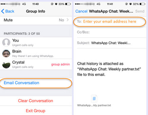 iPhone WhatsAppチャットを電子メールに転送します