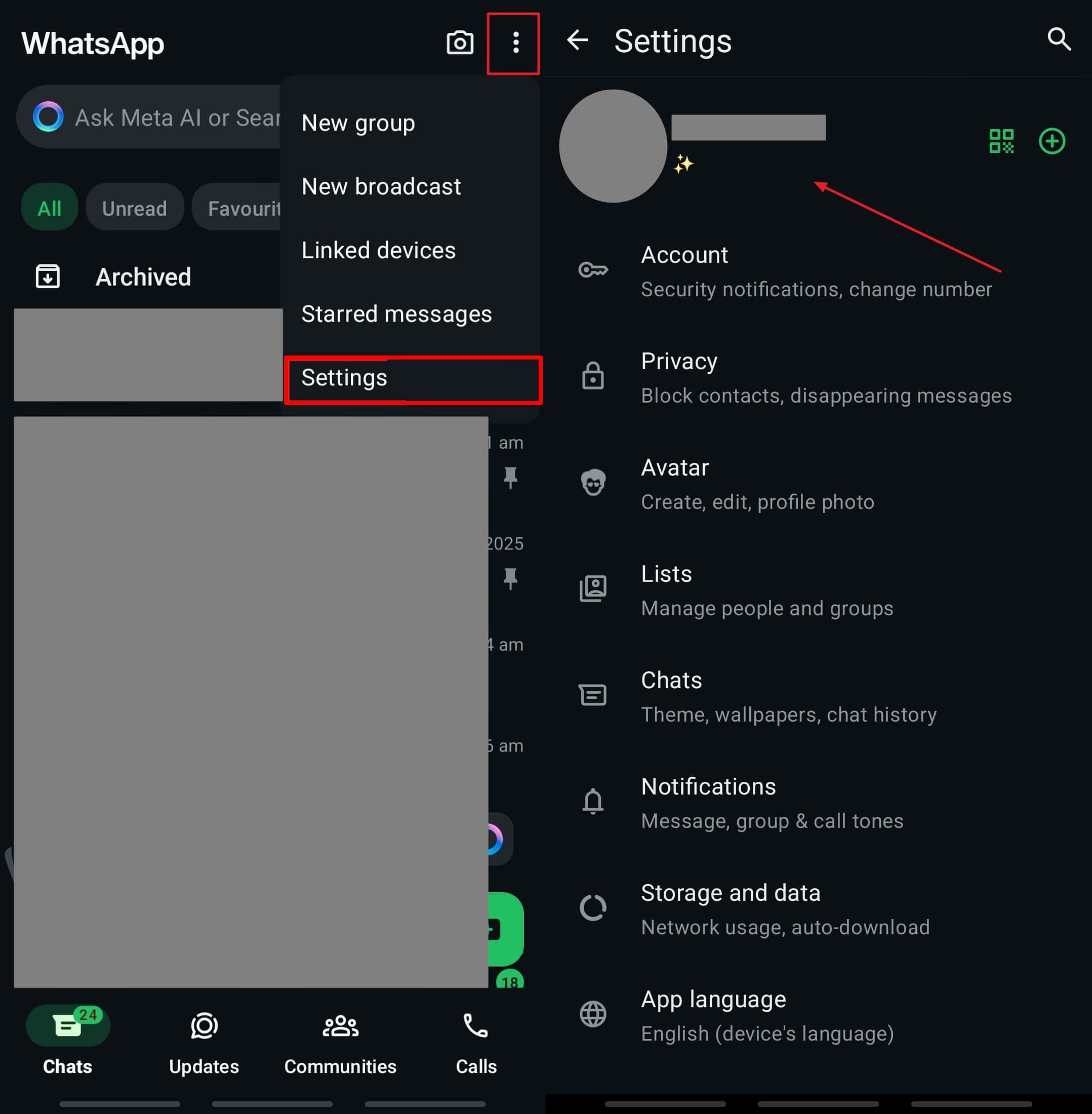 Android WhatsAppの設定を選択します