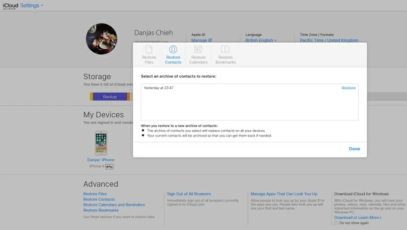 iCloud.comで連絡先アーカイブを回復します