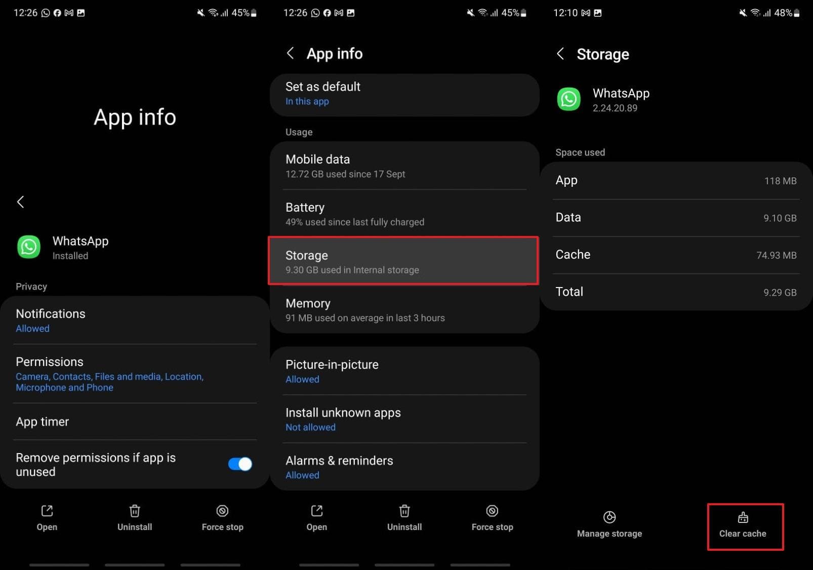 WhatsAppストレージ設定の下でキャッシュをクリアします