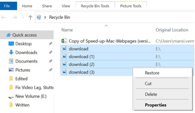 Windowsリサイクルビンから復元します