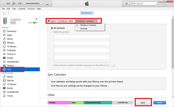 iTunes経由でコンピューターからiPhoneまでの連絡先を同期します
