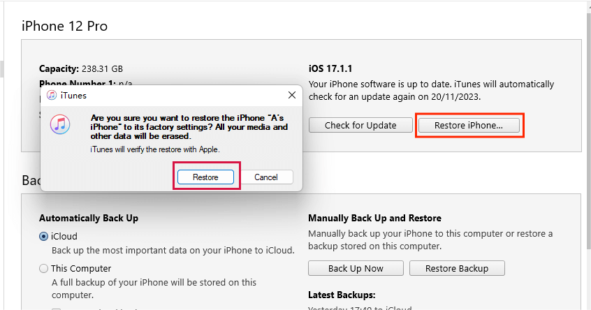 iTunesを使用してiPhoneを復元します 